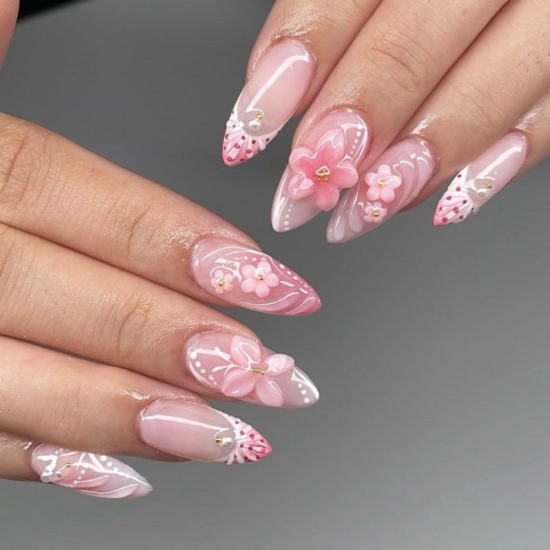 Blossom Dream Long Stiletto Pink with Floral Embellishments Press On Nail Set