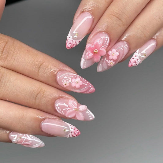 Blossom Dream Long Stiletto Pink with Floral Embellishments Press On Nail Set