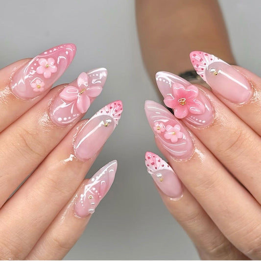 Blooming Elegance Long Stiletto Pink Floral Press-On Nail Set with Glitter Accents