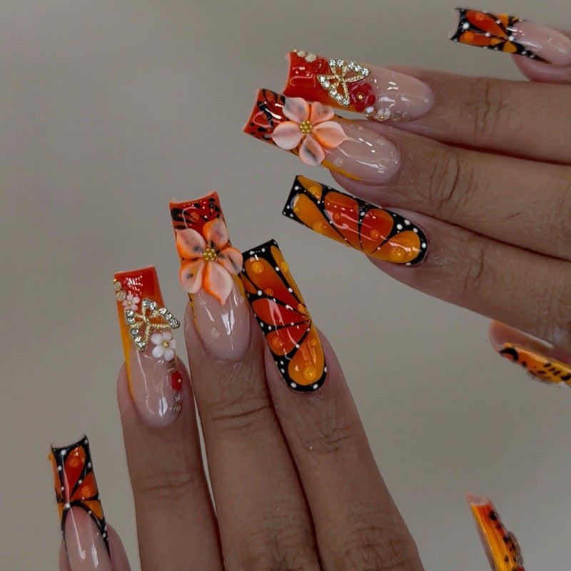 Bohemian Butterfly Fusion Long Square Orange and Black Floral Press On Nail Set