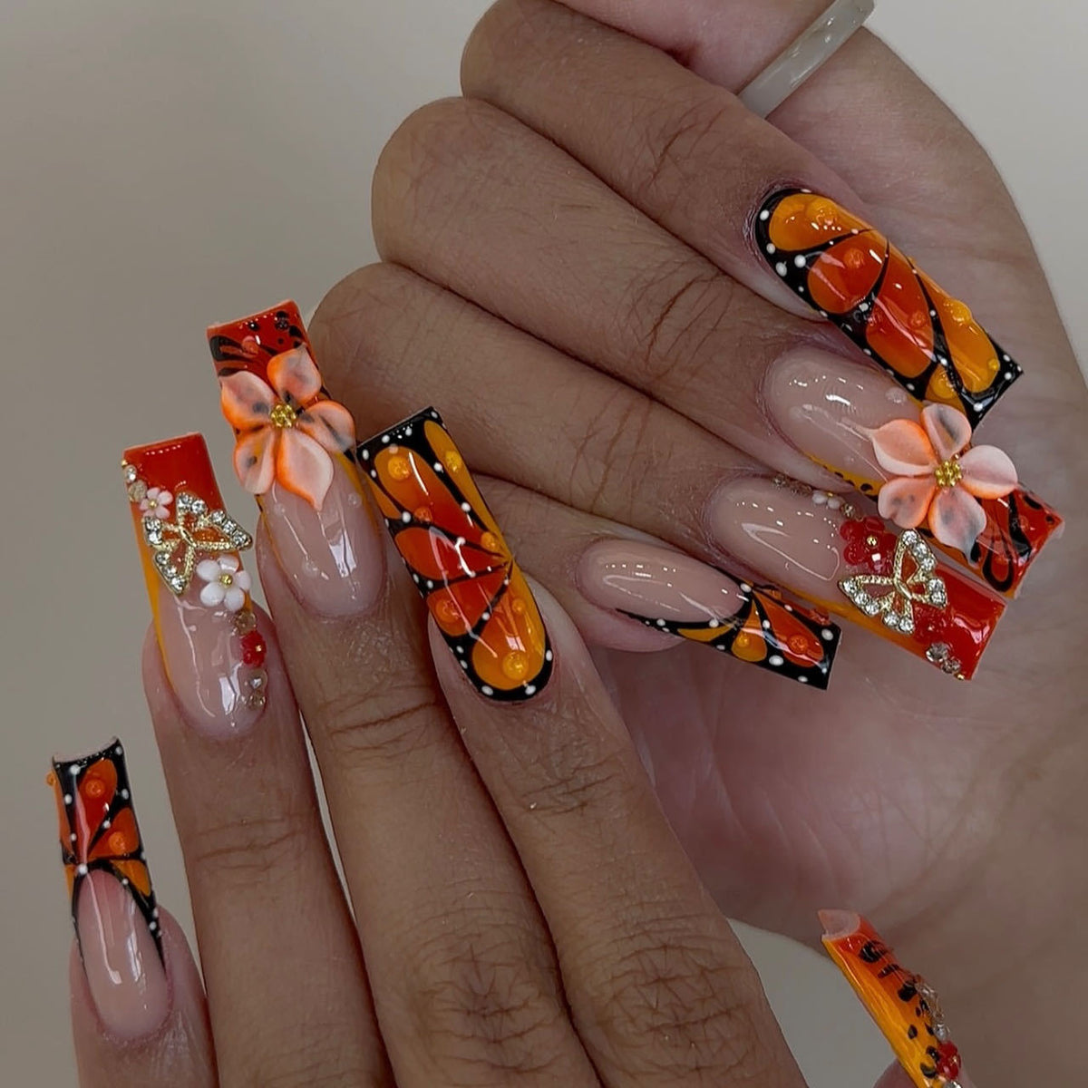 Butterfly Bliss Long Square Orange Floral Design Press on Nail Set