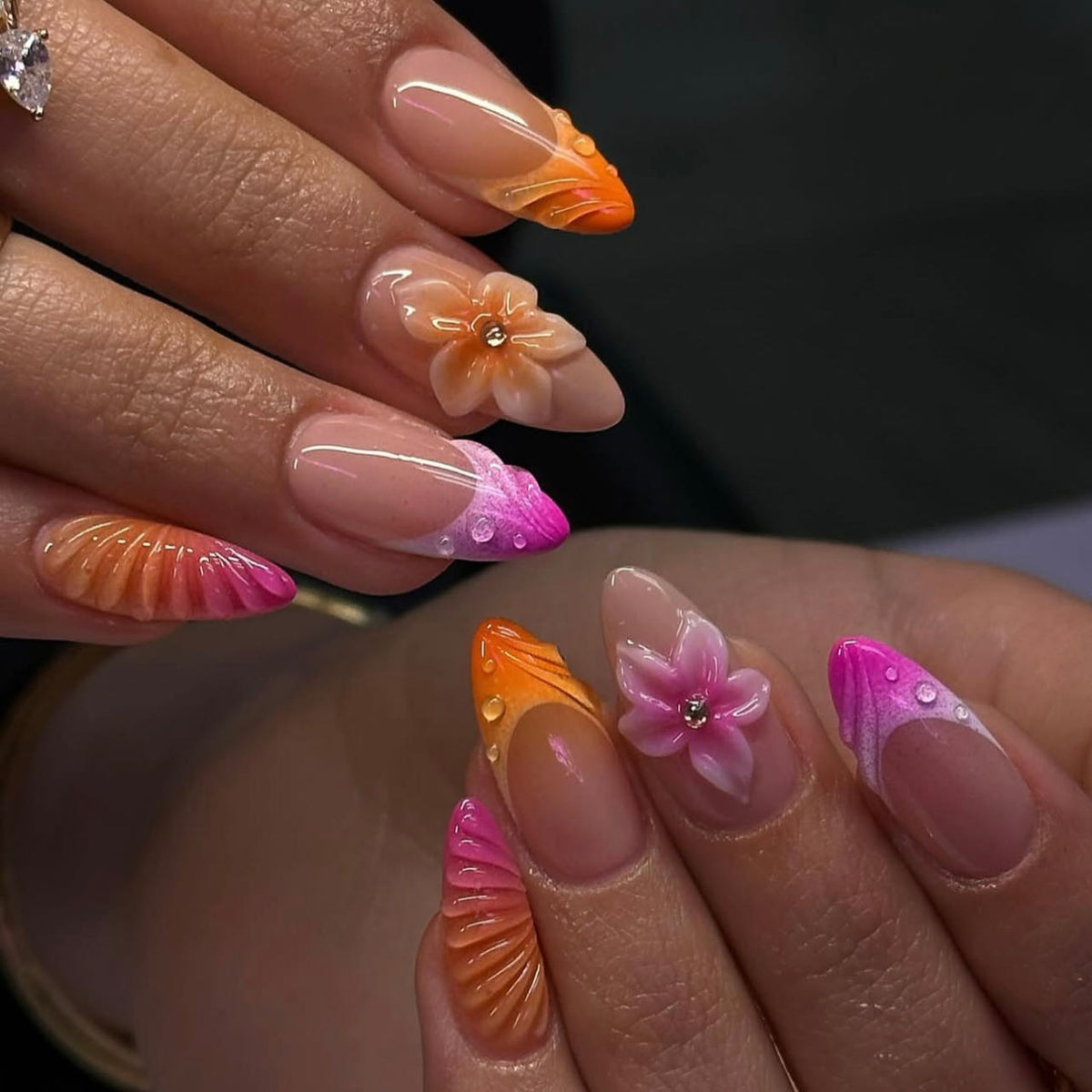 Tropical Breeze Medium Almond Orange and Pink Floral Accent Press on Nail Set