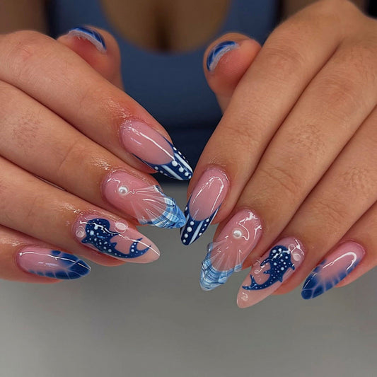 Ocean Breeze Long Stiletto Blue Water-themed Press On Nail Set