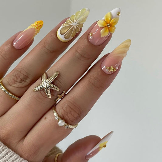 Tropical Oasis Long Stiletto Yellow Floral Press On Nail Set
