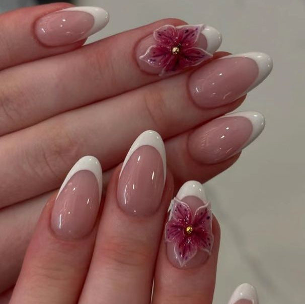 Floral Elegance Medium Almond Pink Floral Design Press On Nail Set