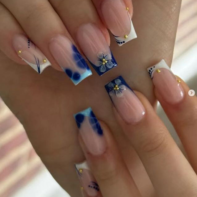 Floral Dream Long Square Blue with Elegant Flower Accents Press On Nail Set