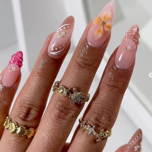 Tropical Bliss Long Stiletto Pink Press-On Nail Set with Unique Floral Design