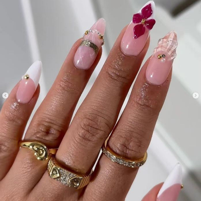 Bohemian Elegance Long Almond Pink Press On Nail Set with Floral Accents