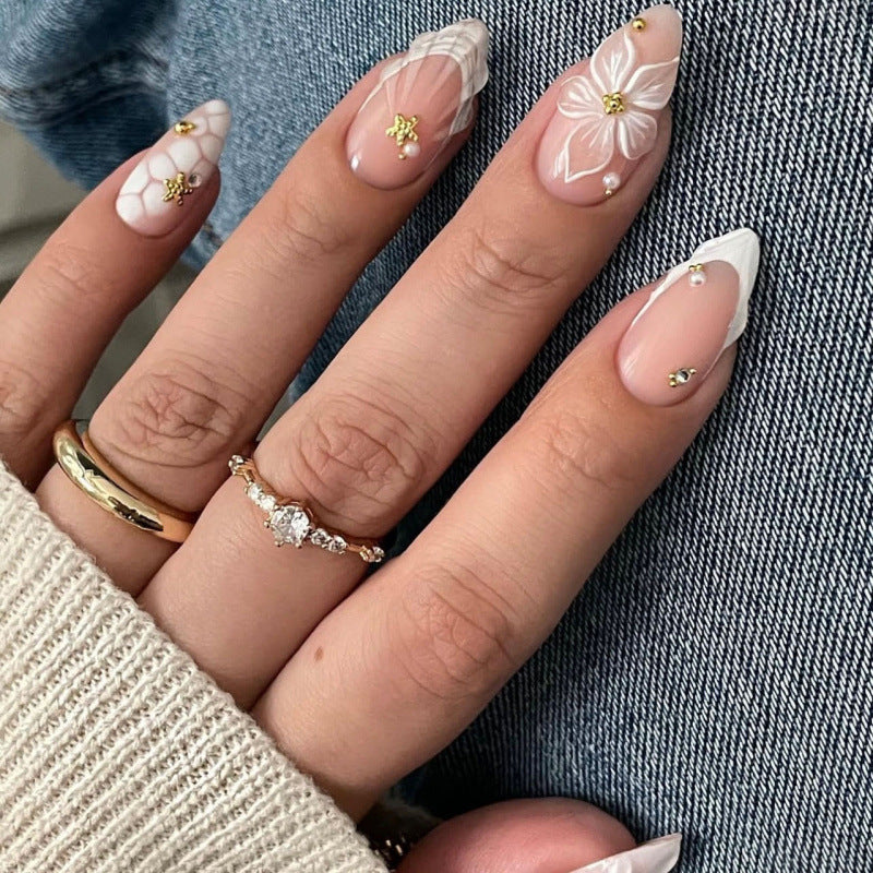Floral Elegance Medium Almond White with Golden Accents Press On Nail Set