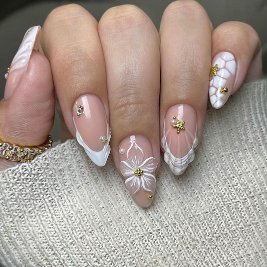Enchanting Floral Medium Stiletto Beige Press on Nail Set with Elegant Gold Accents