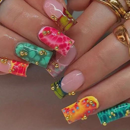 Tropical Vibes Long Square Multicolored Press On Nail Set with Unique 3D Gold Bead Accents