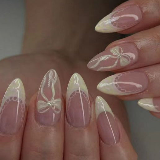 Chic Elegance Medium Stiletto Clear with Vintage Bow Design Press On Nail Set