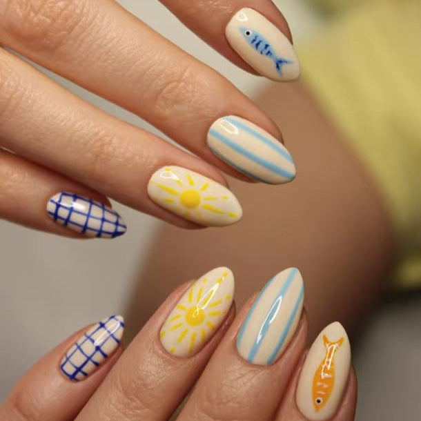 Beach Vibes Medium Almond Blue and Yellow Themed Nail Press Set
