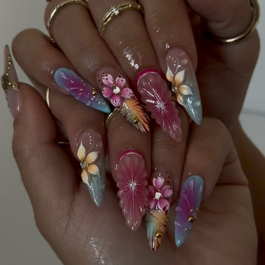 Tropical Elegance Long Stiletto Pastel with Floral Artistry Nail Set