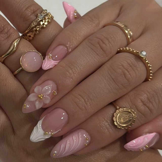 Whimsical Floral Medium Stiletto Pink Press On Nail Set with Unique 3D Designs