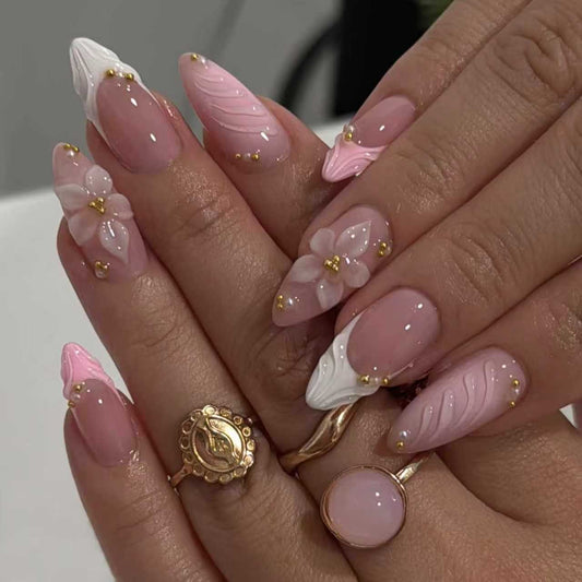 Blossom Elegance Medium Stiletto Pink Press On Nail Set with Floral Accents