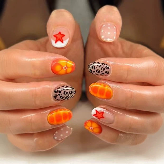 Tropical Sunshine Short Round Bright Colorful Design Press On Nail Set