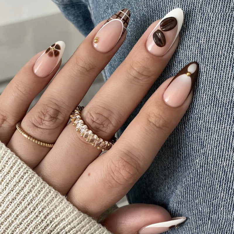 Chocolate Delight Medium Almond Brown and Cream Nail Set with Unique Designs