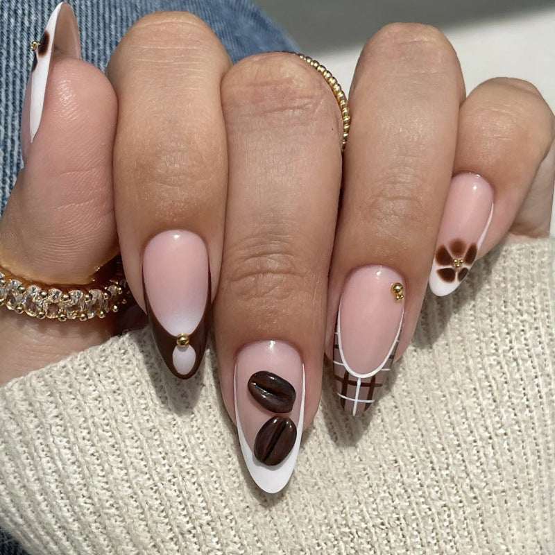 Coffee Lovers Long Almond Beige and Brown Nail Set with Unique Decorative Accents