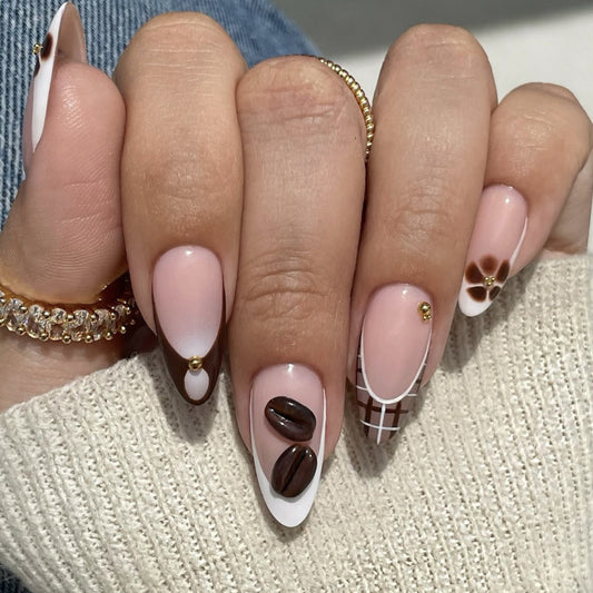 Coffee Lovers Long Almond Beige and Brown Nail Set with Unique Decorative Accents