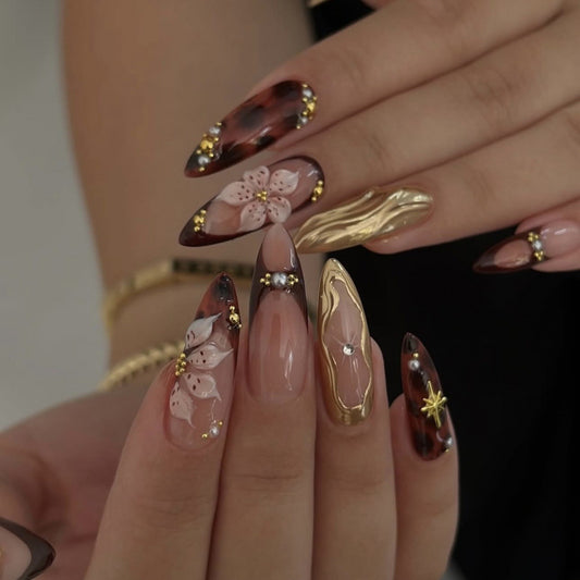 Elegant Floral Dream Long Stiletto Brown with Gold Accents Press on Nail Set