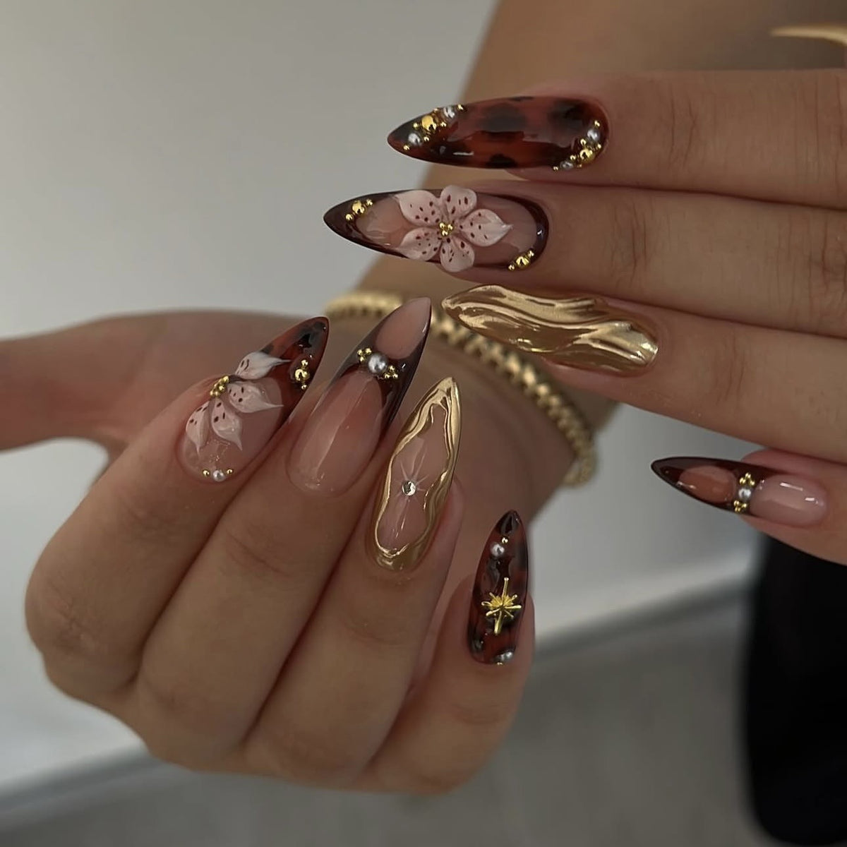 Chic Floral Elegance Long Stiletto Brown and Pink Design with Gold Accents