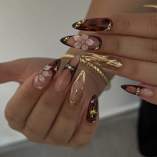 Chic Floral Elegance Long Stiletto Brown and Pink Design with Gold Accents
