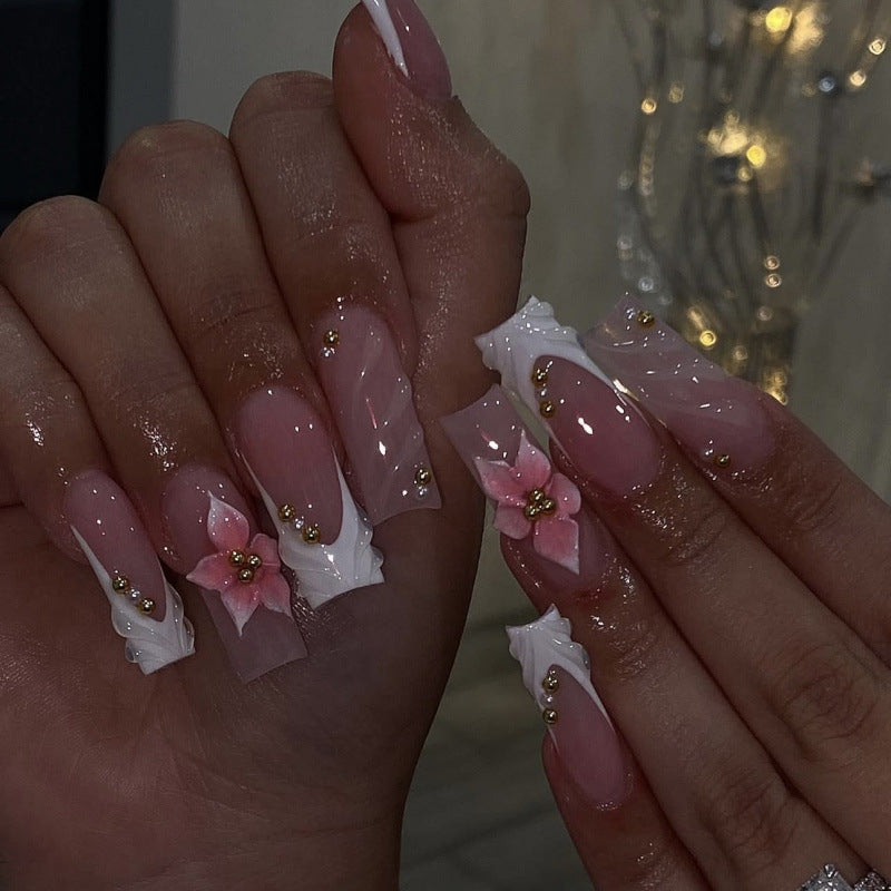 Blossom Elegance Long Square Pink Floral Charm Press-On Nail Set