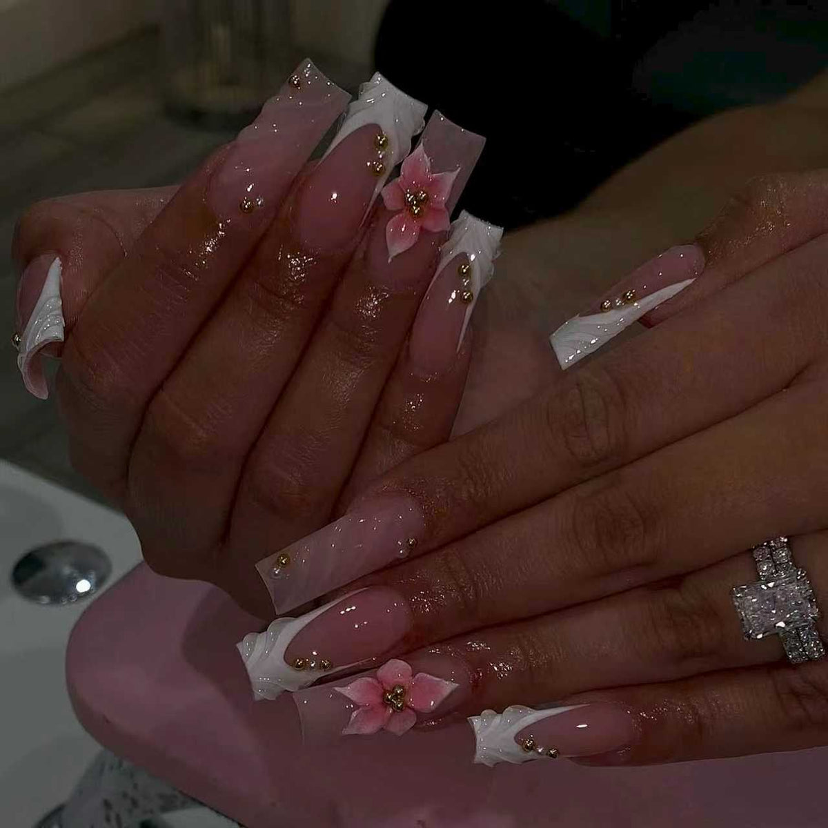 Chic Floral Paradise Long Square Pink with Intricate Flower Accents Press on Nail Set