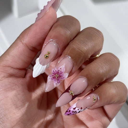 Floral Elegance Long Stiletto Pink with Unique Floral Design Press On Nail Set