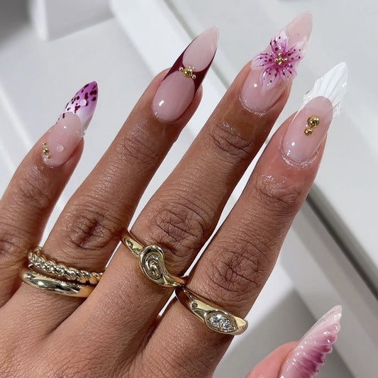 Whimsical Floral Long Stiletto Pink Press on Nail Set with Unique Embellishments