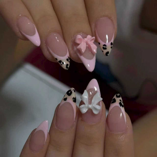 Chic Leopard Print Medium Stiletto Pink with Bow Detail Press On Nail Set