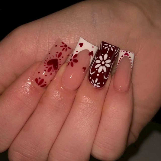 Romantic Bloom Long Square Red Floral Press On Nail Set