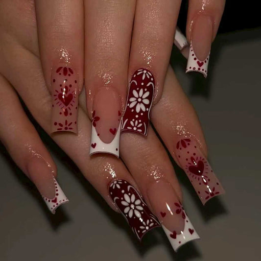 Romantic Floral Long Square Burgundy Press-On Nail Set with Elegant Heart Designs