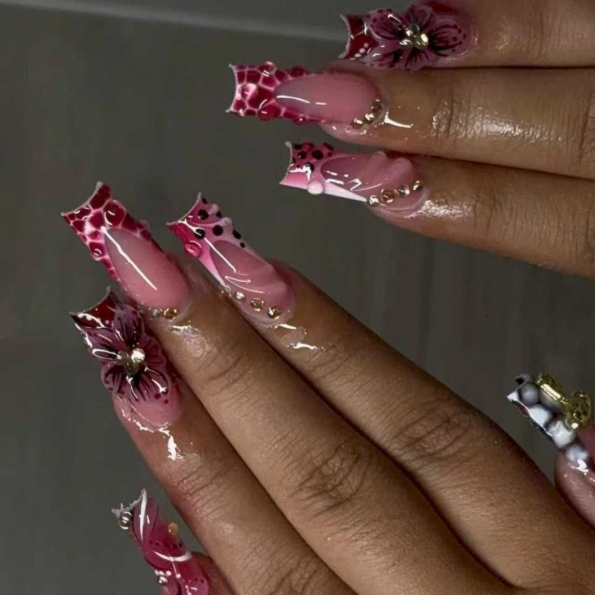 Floral Fantasy Long Square Pink with Flower Accents Press-On Nail Set