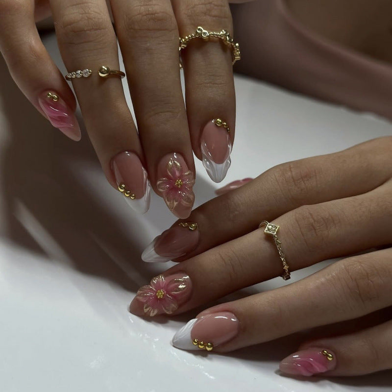 Floral Elegance Short Almond Pink with 3D Flower Accents Press On Nail Set
