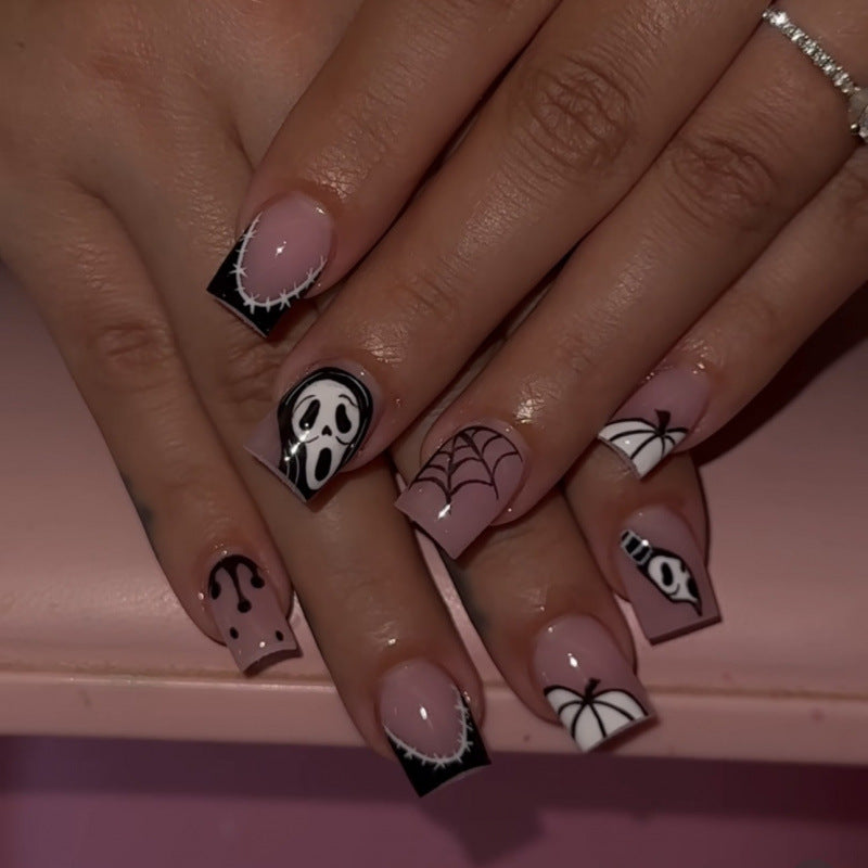 Spooky Glam Short Square Pink and Black Nail Set with Unique Halloween Designs