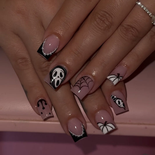 Spooky Glam Short Square Pink and Black Nail Set with Unique Halloween Designs