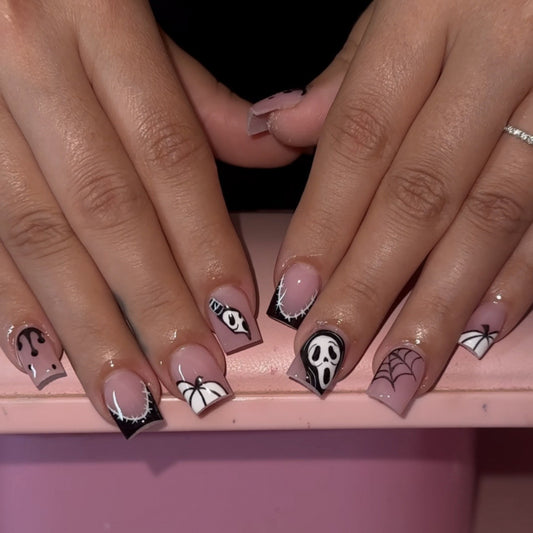 Spooky Glam Short Square Black and White Graphic Press on Nail Set