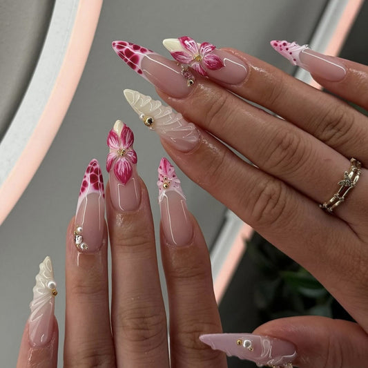 Floral Fantasy Long Stiletto Pink and White Nail Set with Unique Three Dimensional Designs