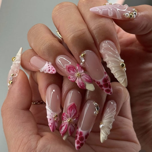 Tropical Blossom Long Stiletto Pink with Floral Accents Press On Nail Set