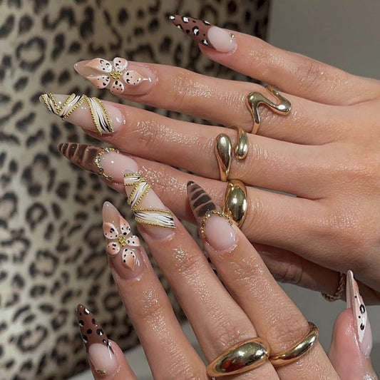 Glamorous Elegance Long Stiletto Beige with Unique Gold Accents Press On Nail Set