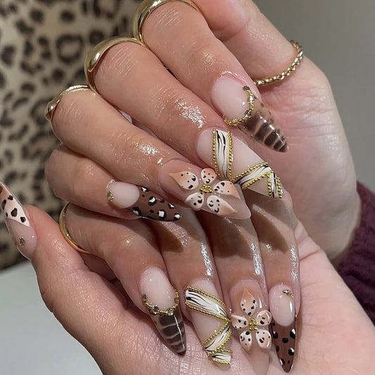 Glamorous Chocolate Dream Long Stiletto Beige with Gold Accents Press On Nail Set