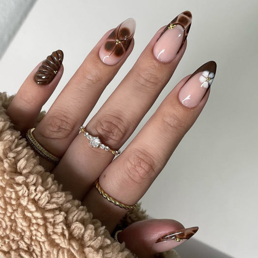 Bohemian Elegance Medium Stiletto Brown with Floral Accents Press-On Nail Set