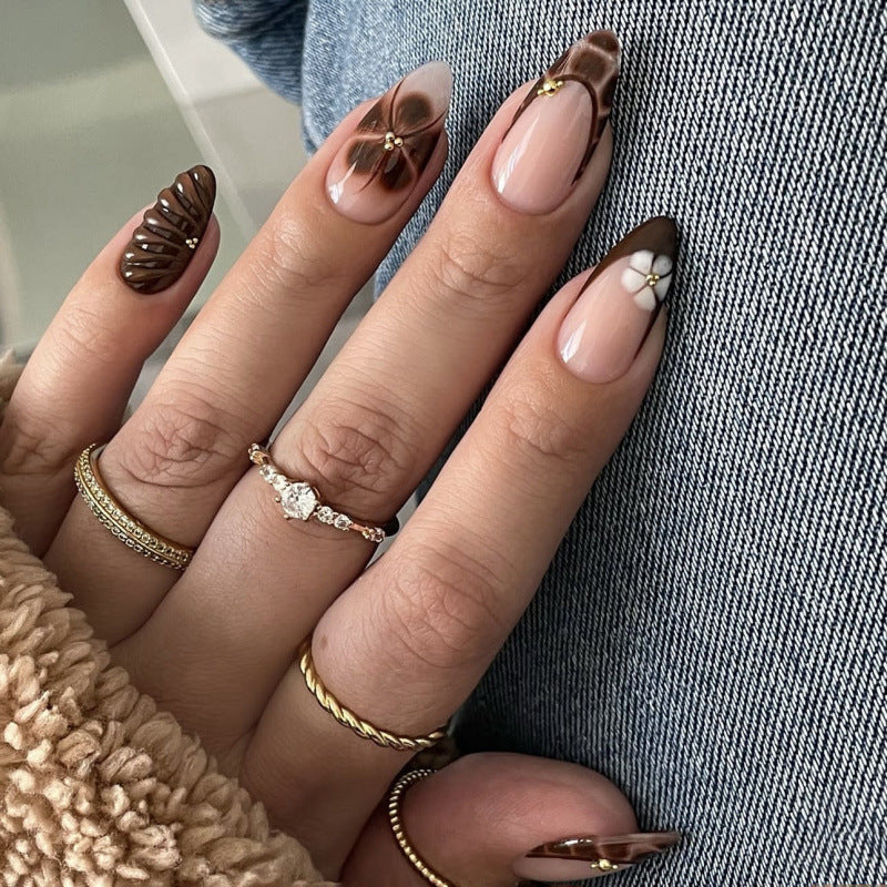 Elegant Chocolate Dream Long Almond Brown Press-On Nail Set with Floral Accents