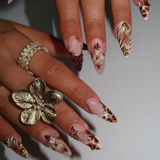 Elegant Floral Long Stiletto Glossy Pink Press On Nail Set with Unique Embellishments