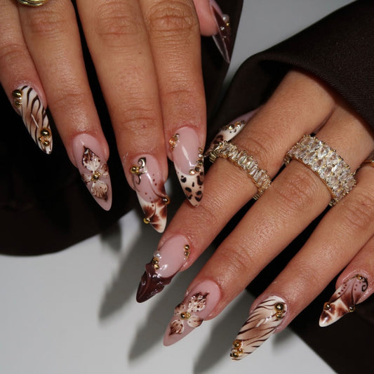Glamorous Wild Safari Long Stiletto Beige Press On Nail Set with Unique Animal Print Accents