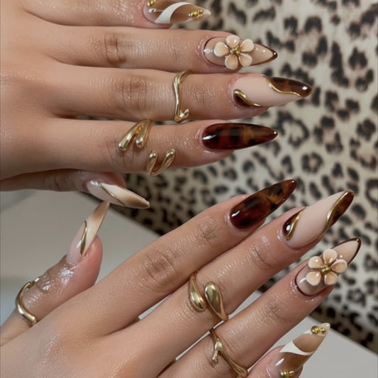Glamorous Nature Inspired Long Stiletto Beige and Brown Press on Nail Set with Floral Accent
