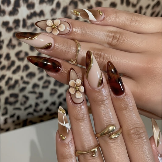 Bohemian Elegance Long Stiletto Brown and Beige Floral Accent Press On Nail Set