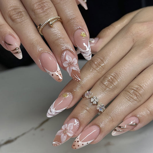 Floral Elegance Long Stiletto Pink With Stunning Floral and Gold Accents Press On Nail Set
